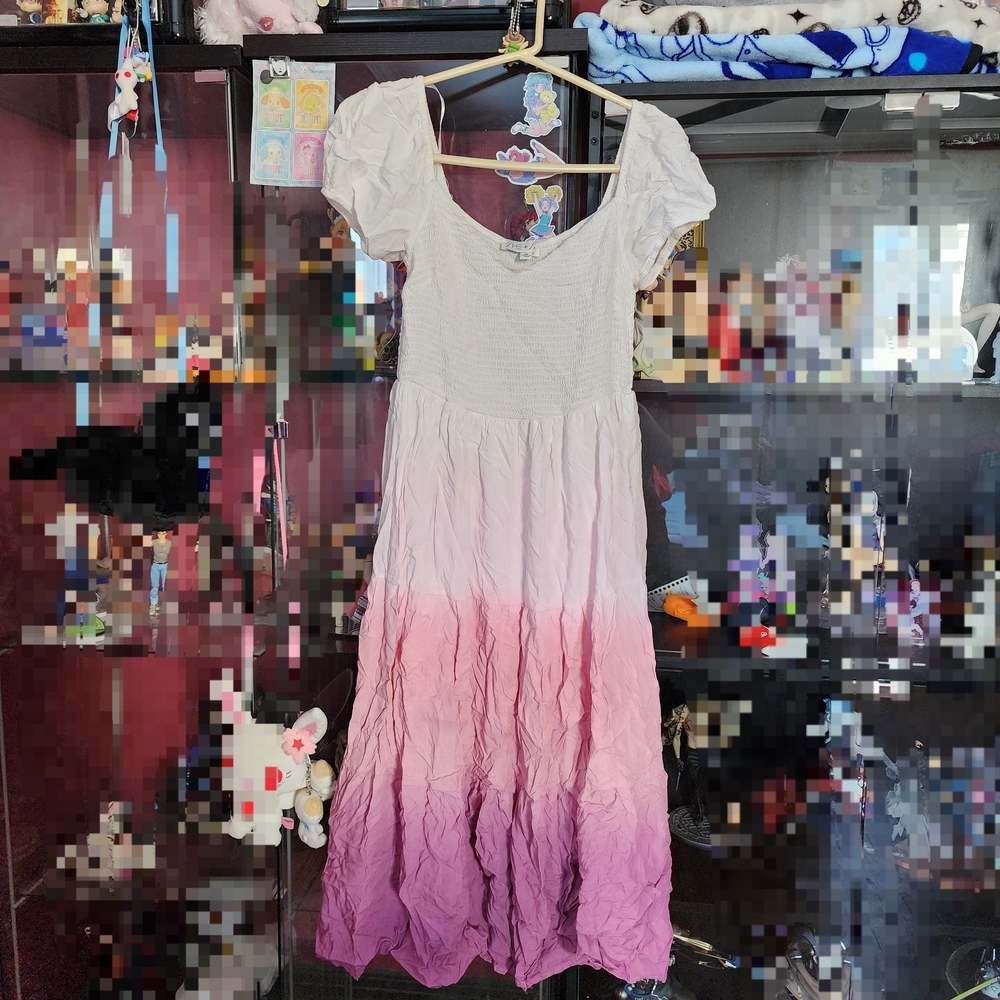 She And Sky Woven Pink White Ombre Midi Tiered Short Sleeve Dress